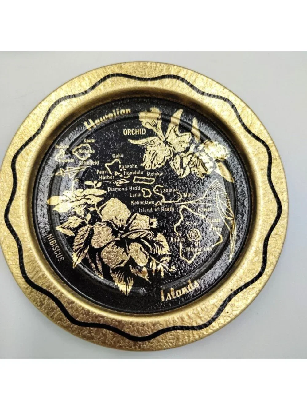 Hawaii Souvenir Metal Coaster Set 6 Vintage Gold Black Orchid Island Map 3.5